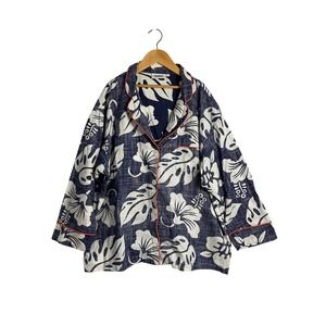 Sleepy Jones Marina Pajama Shirt Navy White Tropical Monstera Cotton Medium
